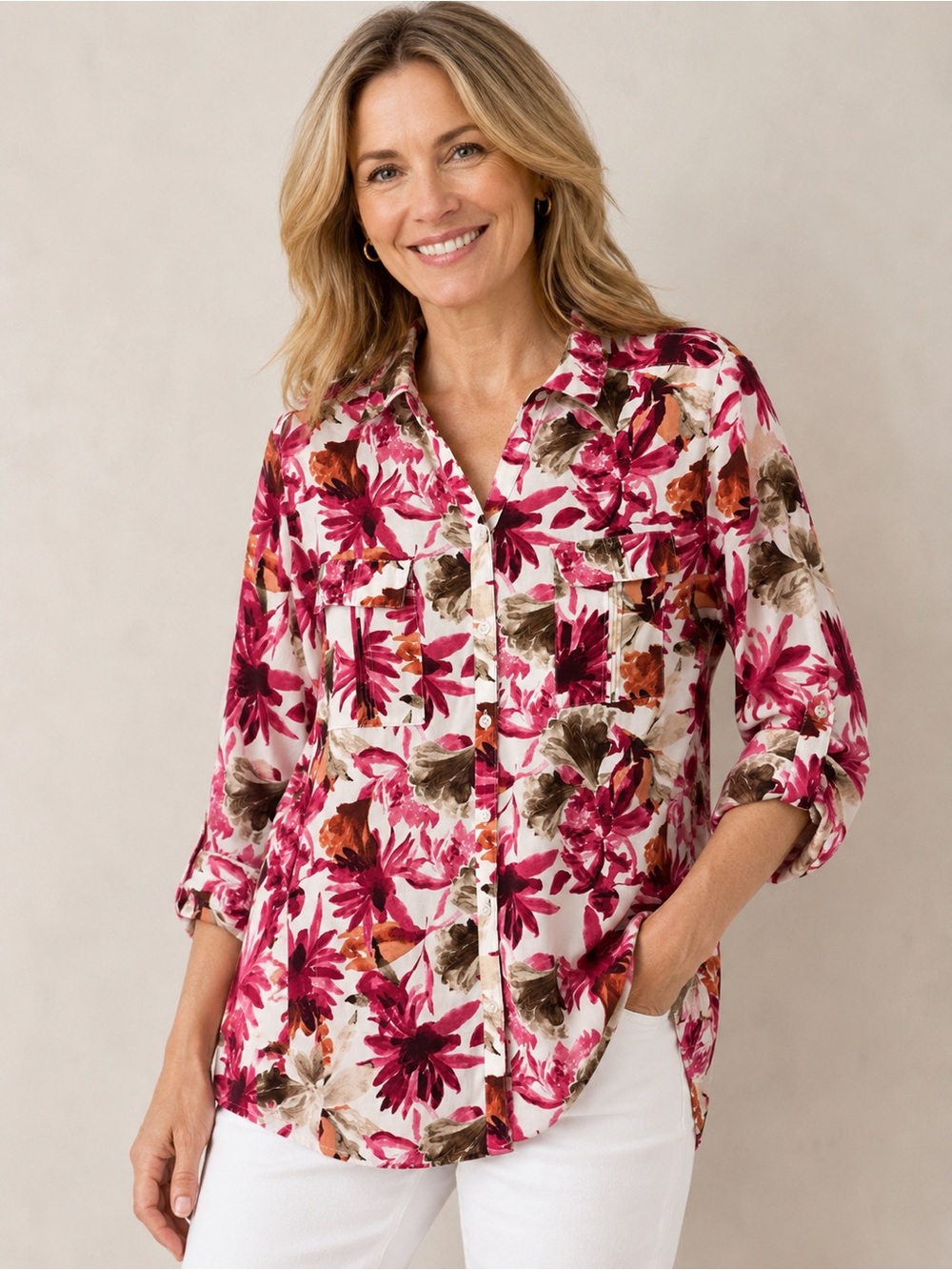 Chico's Size 2 Pink Floral Button Down Tunic Shirt Roll Tab Sleeve Chicos Large
